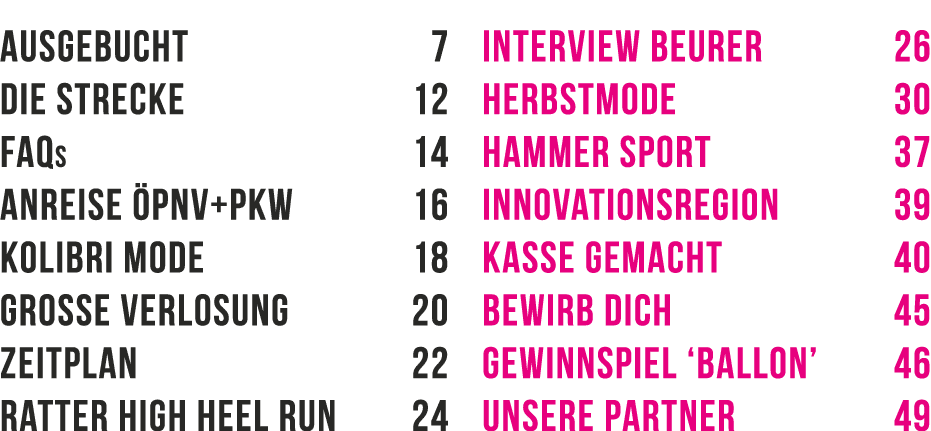 Ausgebucht 7 Die Strecke 12 FAQs 14 Anreise PNV+PKW 16 Kolibri Mode 18 Grosse Verlosung 20 Zeitplan 22 Ratter High H...