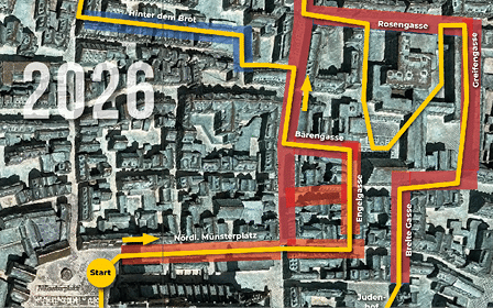 A detailed aerial map shows a planned route for an event in 2026 with marked start and finish points, highlighted paths in red, yellow, and blue, and accompanying text information about event details and resident guidelines. Beschreibung von KI generiert