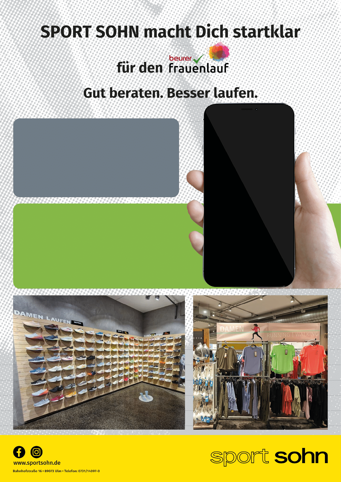 A promotional graphic for Sport Sohn features a hand holding a smartphone, text about preparing for a women's run, and photos of a sports store interior with shelves of running shoes and clothing. Beschreibung von KI generiert