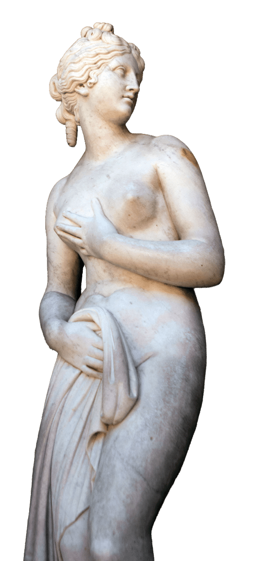A white statue of a woman holding a towel. Beschreibung von KI generiert