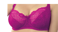 A person wearing a bright pink lace bra with floral patterns and adjustable straps. Beschreibung von KI generiert